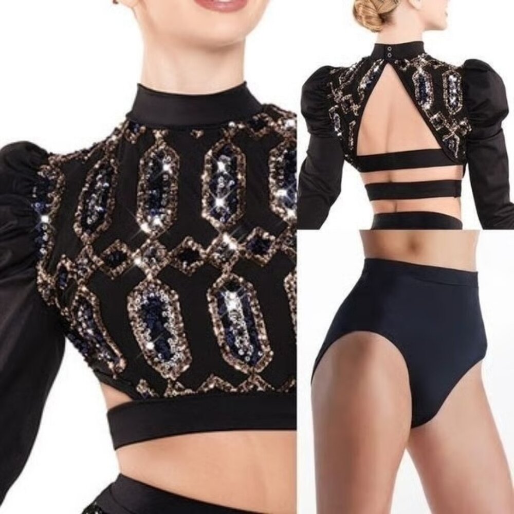 Revolution 10th House Dance Costume 2 piece black sequin BIONIC Size MA